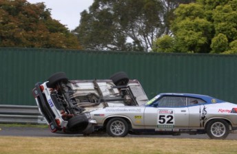 thumb Tony Edwards' Torana turns turtle after a hit from Keith Kassulke