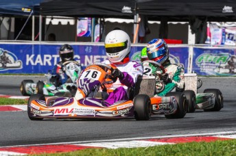 Chris Sandrone leading Andrew Kahl in the Pro Junior (KFJ) category during Saturday's action (Pic: AF Images/Budd)