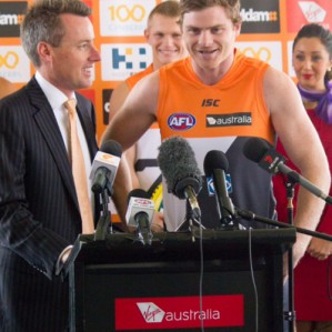 Nick Johnston, left, had served as corporate and communications general manager at the GWS Giants before his appointment to V8 Supercars