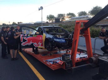 The car being taken from the circuit this evening
