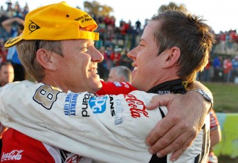 thumb Charlie Schwerkolt embraces James Courtney after his win at Witon last month