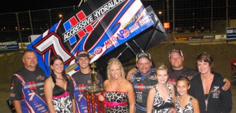 thumb Craig Dollansky celebrating in victory lane at Nodak Speedway. Pic: Betty Nordstrom/worldofoutlaws.com