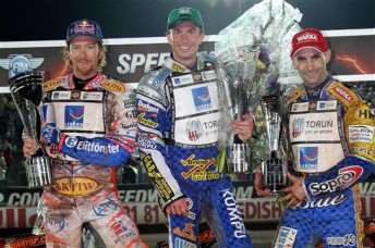 thumb Rune Holta took out the Scandinavian Speedway Grand Prix ahead of Jason Crump (left) and Tomasz Gollob (right) in Sweden.