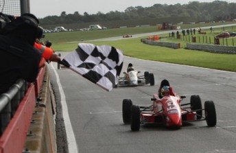 thumb Scott Pye leads across the line at Snetterton