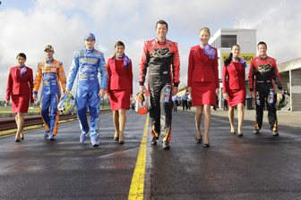 thumb From left, Will Davison, Mark Winterbottom, Garth Tander and James Courtney with Virgin Australia staff