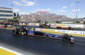 thumb Dave Grubnic (near lane) won his third NHRA Top Fuel event at Topeka