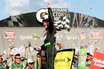 thumb Dale Earnhardt Jr celebrates his win in the Quicken Loans 400 at Michigan