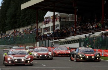 thumb Frank Stippler in the victorious #16 Audi leads his #1 and #6 stable-mates across the finishing line