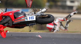 Josh Hook highsides his Honda at Lukey Heights