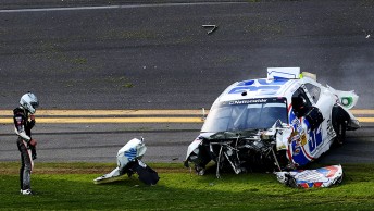 The front clip of Larson's Chevrolet was torn off in the crash