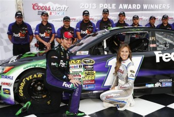 Denny Hamlin celebrates the pole at Bristol