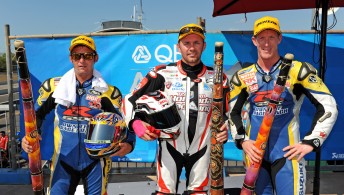 Jamie Stauffer flanked by Robbie Bugden and Wayne Maxwell