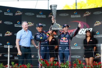 Steve Dutton, Pirtek chief executive with Warren Luff and Craig Lowndes and the inaugural Pirtek Enduro Cup