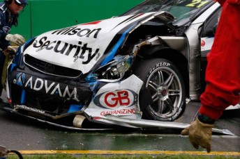 Dale Wood's Holden took major damage in the crash