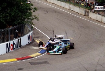 The controversial moment that decided the 1994 world championship when Michael Schumacher collided with Damon Hill