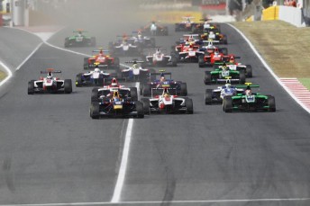 GP3 field heads into Turn 1 at the Circuit de Catalunya