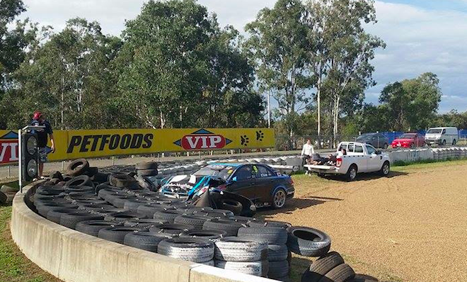 The #9 Mercedes hit the barriers at Turn 3