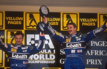 The penultimate F1 grand prix podium at Kyalami. Nigel Mansell and Riccardo Patrese finish 1-2 in 1992