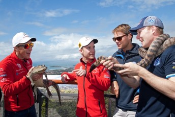 Kris Meeke (left) taunts Jari-Matti Latvala (right) while Mads Ostberg and Andreas Mikkelsen look on. Pic: Red Hot Shotz