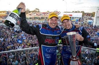 Paul Morris shares the jubilation of winning Bathurst with Chaz Mostert