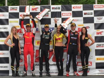 A jubilant James Davison (Nissan GT-R NISMO GT3) celebrates his win in the Pirelli World Challenge Series at Road Amerca