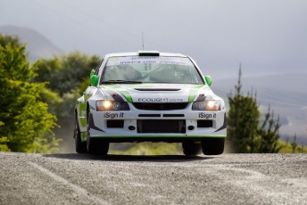 The 2014 event winners Glen Inkster and Spencer Winn (white Ecolight Mitsubishi Evo 8)