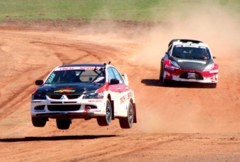 Steve Glenney leads Alister McRae to victory in what was the only round of the Extreme Rallycross Championship