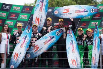 The six drivers with their podium surfboards