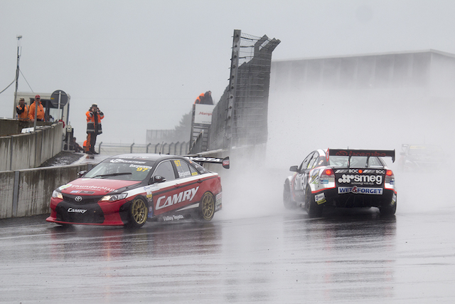 Jason Bargwanna slips up the inside of a spinning Simon Evans at Hampton Downs. pic: Matt Smith