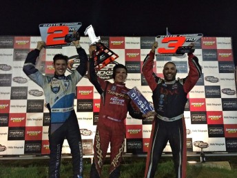 Sheldon Creed flanked by Matt Brabham (left) and Bill Hynes on the Stadium Super Trucks podium