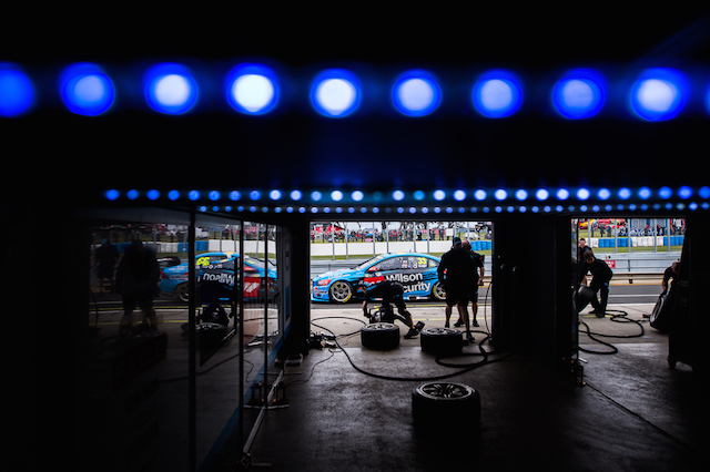 Artful look at Scott McLaughlin’s Volvo in the pit bay.