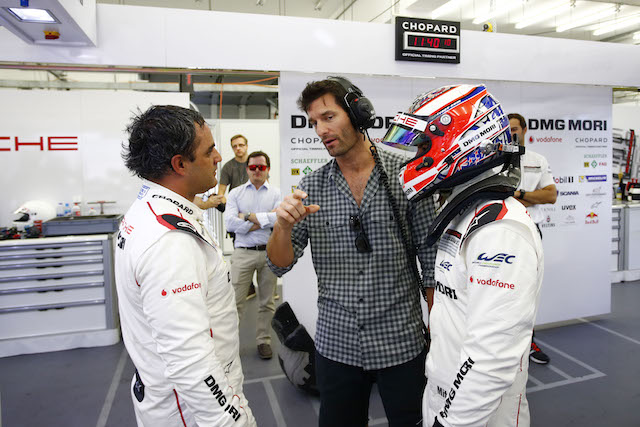 World Endurance Champion Mark Webber offers advice to Juan Montoya and his understudy Mitch Evans in Bahrain