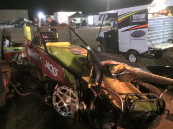 Paul Morris' damaged sprintcar following a series of somersaults at Archerfield Speedway