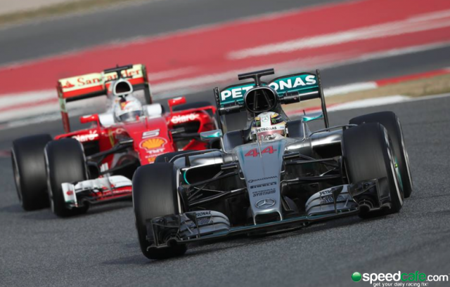 Lewis Hamilton behind the heel of the W07 on the opening day of the pre-season test