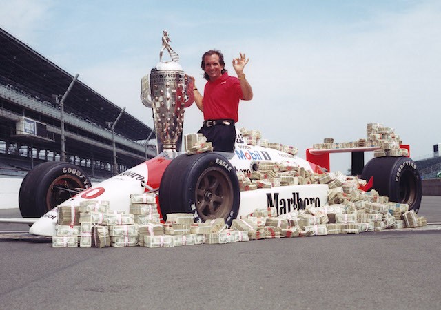 Emerson Fittipaldi in a promotional shot after winning the 1989 Indy 500 for Patrick Racing
