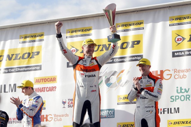 Matt Neal on the podium in Race 3 at Donington Park